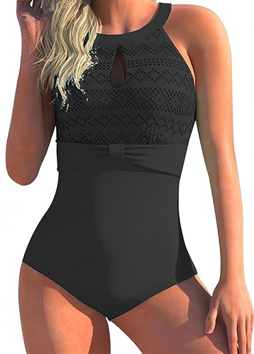 Ocean Plus Damen Unifarben Hochgeschlossen Figurformender Mehrfarbiger Netzartiger Badeanzug Rückenfrei Mesh High Neck Netz One Piece (3XL (EU 44-46), Spitze schwarz) von Ocean Plus