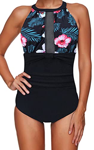 Ocean Plus Damen Unifarben Hochgeschlossen Figurformender Mehrfarbiger Netzartiger Badeanzug Rückenfrei Mesh High Neck Netz One Piece (L (EU 38-40), Pinke Blumen) von Ocean Plus