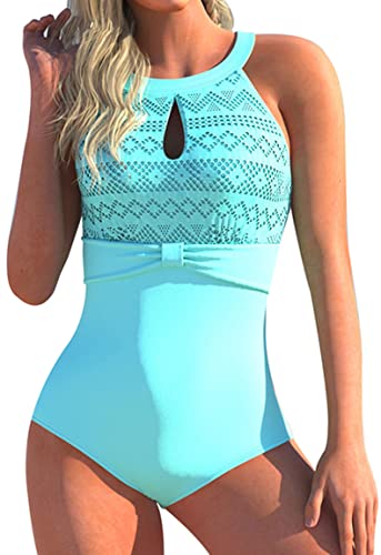 Ocean Plus Damen Unifarben Hochgeschlossen Figurformender Mehrfarbiger Netzartiger Badeanzug Rückenfrei Mesh High Neck Netz One Piece (S (EU 34-36), Hellblau) von Ocean Plus