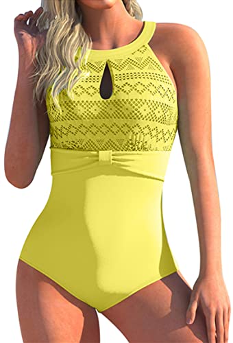 Ocean Plus Damen Unifarben Hochgeschlossen Figurformender Mehrfarbiger Netzartiger Badeanzug Rückenfrei Mesh High Neck Netz One Piece (XL (EU 40-42), Zitronengelb) von Ocean Plus