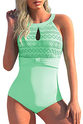 Ocean Plus Damen Unifarben Hochgeschlossen Figurformender Mehrfarbiger Netzartiger Badeanzug Rückenfrei Mesh High Neck Netz One Piece (XXL (EU 42-44), Hellgrün) von Ocean Plus