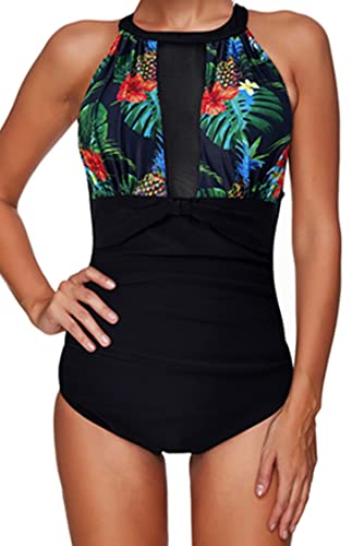 Ocean Plus Damen Unifarben Hochgeschlossen Figurformender Mehrfarbiger Netzartiger Badeanzug Rückenfrei Mesh High Neck Netz One Piece (XXL (EU 42-44), Orangene Blumen) von Ocean Plus