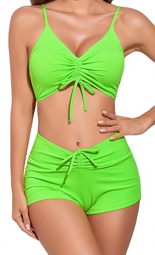 Ocean Plus Damen V-Ausschnitt Bikini Set mit Kordelzug Badeshorts Bikini Set mit Boxer Einfarbiger Zweiteiliger Bademode (M (EU 36-38), Neongrün) von Ocean Plus