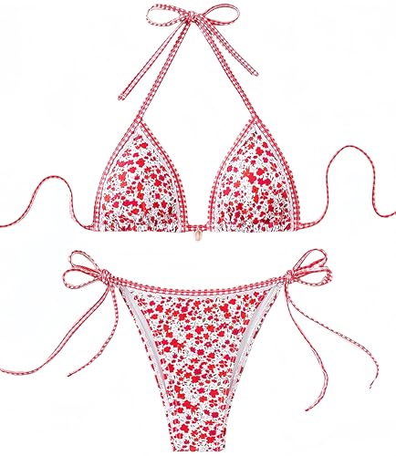 Ocean Plus Damen V-Ausschnitt Geblümt Triangel Bikini-Set mit Bügel Spaghetti Bademode Bandeau Slips mit Tunnelzug (L (EU 36-38), Rot-weiß Kariertes Muster) von Ocean Plus
