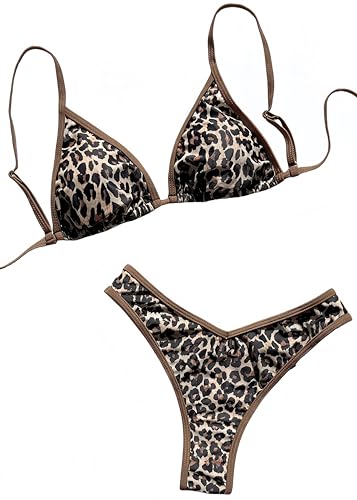 Ocean Plus Damen V-Ausschnitt Geblümt Triangel Bikini-Set mit Bügel Spaghetti Bademode Bandeau Slips mit Tunnelzug (S (EU 32-34), Dunkelbrauner Leopardenmuster) von Ocean Plus
