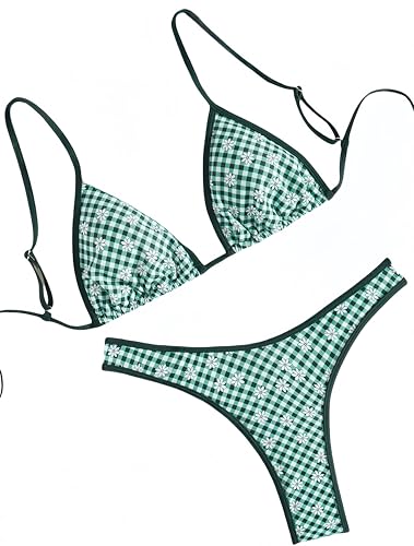 Ocean Plus Damen V-Ausschnitt Geblümt Triangel Bikini-Set mit Bügel Spaghetti Bademode Bandeau Slips mit Tunnelzug (S (EU 32-34), Grünes Plaid-Gänseblümchen) von Ocean Plus