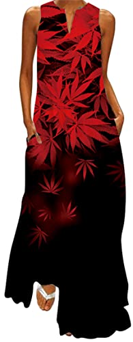 Ocean Plus Damen V-Ausschnitt mit Taschen Große Schaukel Ärmelloser Langer Rock Vintage Blumendruck Kleid (5XL, Rote Blätter) von Ocean Plus