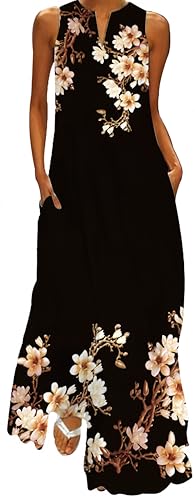 Ocean Plus Damen V-Ausschnitt mit Taschen Große Schaukel Ärmelloser Langer Rock Vintage Blumendruck Kleid (L, Weiße Blüten) von Ocean Plus