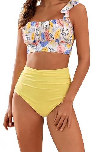 Ocean Plus Damen Volant Bikini Set Rüschen Bikinis mit Hoher Taille Dreiteiliger Bikini-Set Pareos Bikini Cover Up (XXL (EU 42-44), Gelb) von Ocean Plus