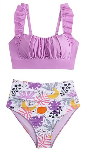 Ocean Plus Damen Volant Bikini Set Rüschen Bikinis mit Hoher Taille Dreiteiliger Bikini-Set Pareos Bikini Cover Up (XXL (EU 42-44), Violett) von Ocean Plus