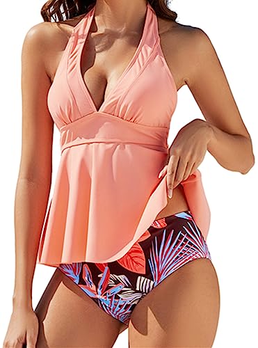 Ocean Plus Damen Zweiteiliger Badeanzug in Unifarben mit tiefem V-Ausschnitt Offenem Rücken Hochbund Dreiecksunterwäsche Tankini Set (XL (EU 40-42), Rosa) von Ocean Plus