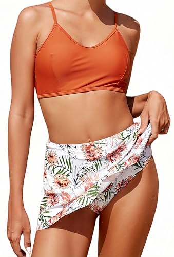 Ocean Plus Damen Zweiteiliger Bikini Set mit Baderock Rückenfrei Bedruckter Bikini mit Verstellbare Trägern Skort Bademode (XXL (EU 42-44), Orange) von Ocean Plus