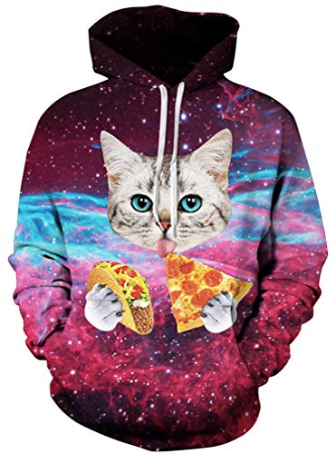 Ocean Plus Herren 3D Kapuzenpullover Hoodie Halloween Cosplay Sweatshirt Hooded Sweat Einzigartig Galaxie Pullover (XXL/3XL (Brustumfang: 126-146CM), Katze und Pizza) von Ocean Plus