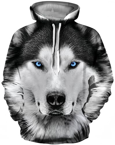 Ocean Plus Herren 3D Mehrfarbig Hoodie Schädel Kapuzenpullover Bunt Wolf Pulli Totenkopf Sweatshirt mit Kapuzen (XXL/3XL (Brustumfang: 126-146CM), Husky) von Ocean Plus