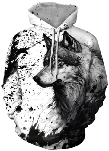Ocean Plus Herren 3D Mehrfarbig Hoodie Schädel Kapuzenpullover Bunt Wolf Pulli Totenkopf Sweatshirt mit Kapuzen (3XL (Brustumfang: 132-152CM), Böser Wolf) von Ocean Plus