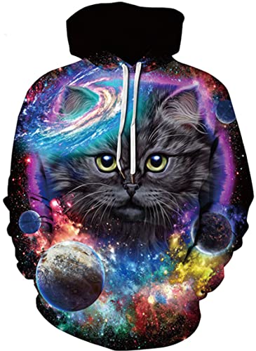 Ocean Plus Herren 3D Mehrfarbig Hoodie Schädel Kapuzenpullover Bunt Wolf Pulli Totenkopf Sweatshirt mit Kapuzen (L/XL (Brustumfang: 114-134CM), Planeten Katze) von Ocean Plus