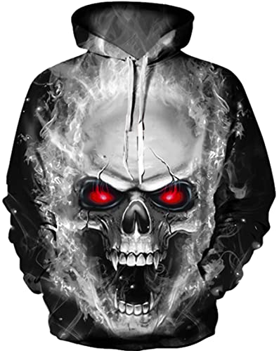 Ocean Plus Herren 3D Mehrfarbig Hoodie Schädel Kapuzenpullover Bunt Wolf Pulli Totenkopf Sweatshirt mit Kapuzen (L/XL (Brustumfang: 114-134CM), Rote Augen Schädel) von Ocean Plus