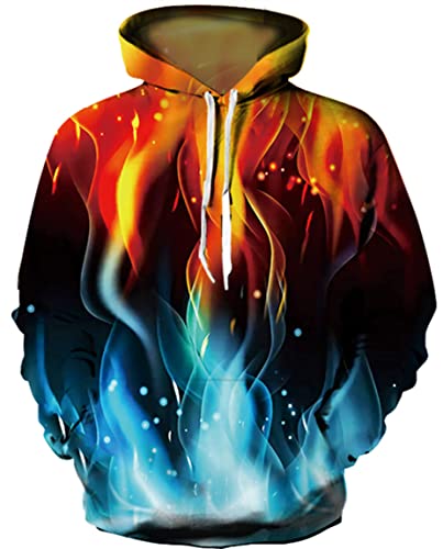 Ocean Plus Herren 3D Mehrfarbig Hoodie Schädel Kapuzenpullover Bunt Wolf Pulli Totenkopf Sweatshirt mit Kapuzen (L/XL (Brustumfang: 114-134CM), Rote und Blaue Flamme) von Ocean Plus