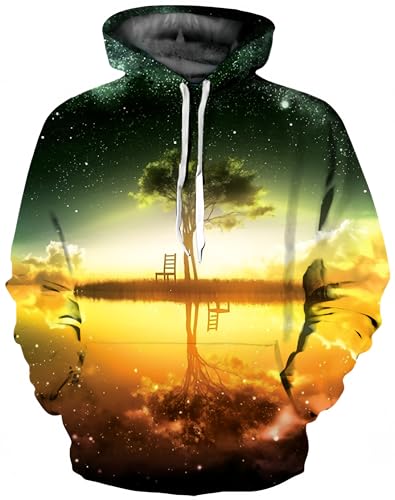 Ocean Plus Herren 3D Mehrfarbig Hoodie Schädel Kapuzenpullover Bunt Wolf Pulli Totenkopf Sweatshirt mit Kapuzen (L/XL (Brustumfang: 114-134CM), Spiegelbäume) von Ocean Plus