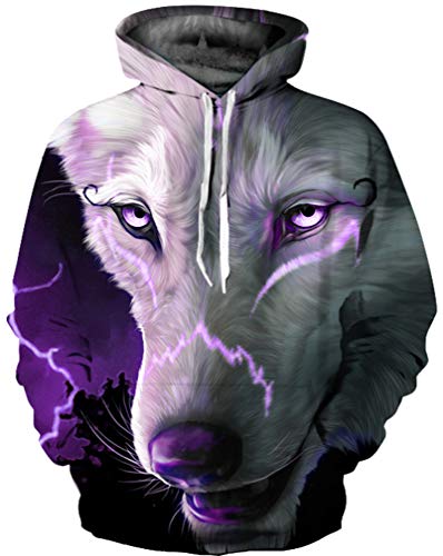 Ocean Plus Herren Mehrfarbig Hoodie Schädel Kapuzenpullover Bunt Wolf Pulli Totenkopf Sweatshirt mit Kapuzen (L/XL (Brustumfang: 114-134CM), Weißer Wolf mit lila Augen) von Ocean Plus