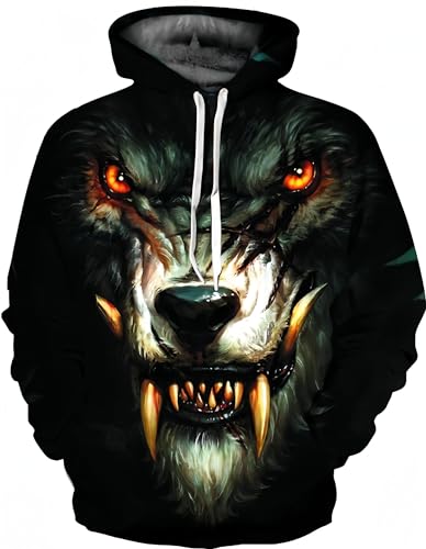 Ocean Plus Herren 3D Mehrfarbig Hoodie Schädel Kapuzenpullover Bunt Wolf Pulli Totenkopf Sweatshirt mit Kapuzen (S/M (Brustumfang: 112-132CM), Heftiger schwarzer Wolf) von Ocean Plus