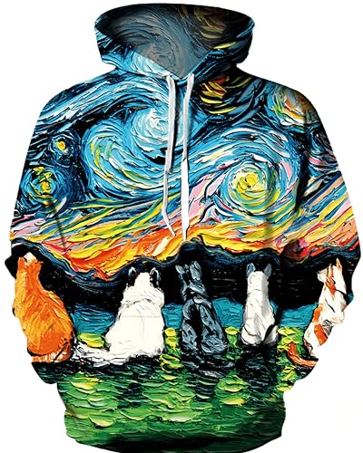 Ocean Plus Herren 3D Mehrfarbig Hoodie Schädel Kapuzenpullover Bunt Wolf Pulli Totenkopf Sweatshirt mit Kapuzen (S/M (Brustumfang: 112-132CM), Katzen Sternennacht) von Ocean Plus