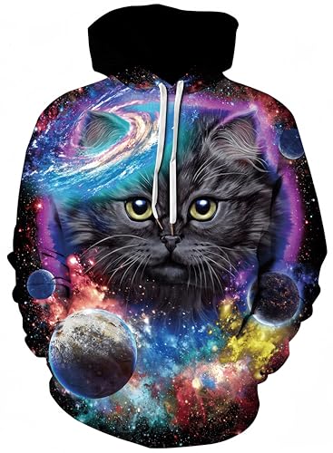 Ocean Plus Herren Mehrfarbig Hoodie Schädel Kapuzenpullover Bunt Wolf Pulli Totenkopf Sweatshirt mit Kapuzen (XL (Brustumfang: 122-142CM), Planeten Katze) von Ocean Plus
