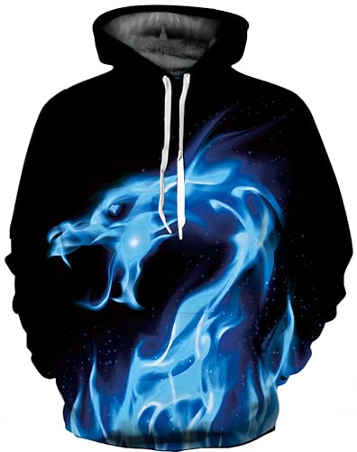 Ocean Plus Herren 3D Mehrfarbig Hoodie Schädel Kapuzenpullover Bunt Wolf Pulli Totenkopf Sweatshirt mit Kapuzen (XXL/3XL (Brustumfang: 126-146CM), Blauer Feuerdrache) von Ocean Plus