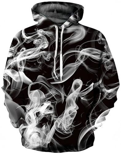 Ocean Plus Herren 3D Mehrfarbig Hoodie Schädel Kapuzenpullover Bunt Wolf Pulli Totenkopf Sweatshirt mit Kapuzen (XXL/3XL (Brustumfang: 126-146CM), Weißer Rauch auf Schwarz) von Ocean Plus