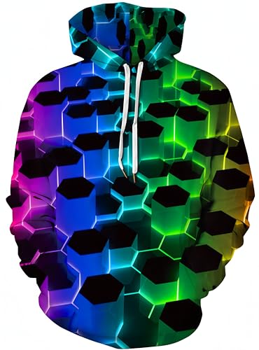 Ocean Plus Herren Bunter Hoodie Pulli mit Kapuzen Digitaldruck Langarm Sweatshirt mit Fronttaschen Kapuzenpullover mit Kordelzug (L (Brustumfang: 117-137CM), Bunte Sechsecke) von Ocean Plus