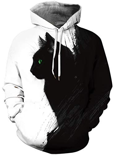 Ocean Plus Herren Bunter Hoodie Pulli mit Kapuzen Digitaldruck Langarm Sweatshirt mit Fronttaschen Kapuzenpullover mit Kordelzug (M (Brustumfang: 112-132CM), Grünäugige Schwarze Katze) von Ocean Plus