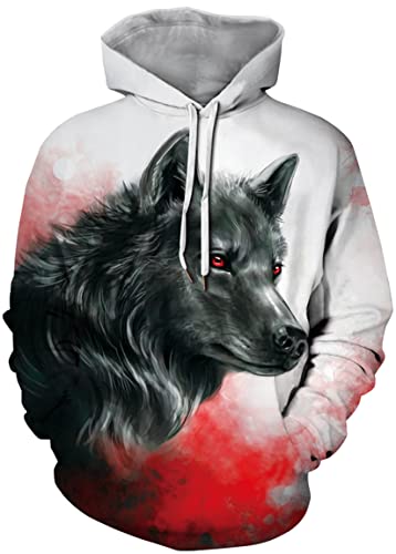 Ocean Plus Herren Bunter Hoodie Pulli mit Kapuzen Digitaldruck Langarm Sweatshirt mit Fronttaschen Kapuzenpullover mit Kordelzug (M (Brustumfang: 112-132CM), Rotäugiger Wolf) von Ocean Plus