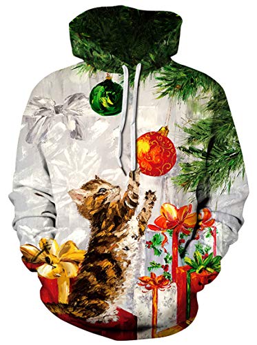 Ocean Plus Herren Bunter Hoodie Pulli mit Kapuzen Digitaldruck Langarm Sweatshirt mit Fronttaschen Kapuzenpullover mit Kordelzug (XL (Brustumfang: 122-142CM), Katze Weihnachtsbaum) von Ocean Plus