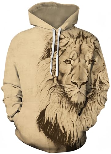 Ocean Plus Herren Bunter Hoodie Pulli mit Kapuzen Digitaldruck Langarm Sweatshirt mit Fronttaschen Kapuzenpullover mit Kordelzug (XL (Brustumfang: 122-142CM), Löwe) von Ocean Plus