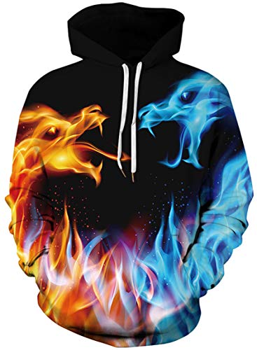 Ocean Plus Herren Bunter Hoodie Pulli mit Kapuzen Unisex Kapuzenpullover mit Digitaldruck und Kordelzug Langarm Sweatshirt mit Fronttaschen (3XL (Brustumfang: 132-152CM), EIS- und Feuerdrachen) von Ocean Plus