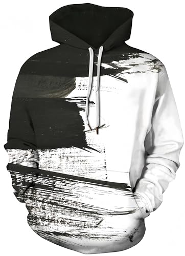 Ocean Plus Herren Bunter Hoodie Pulli mit Kapuzen Unisex Kapuzenpullover mit Digitaldruck und Kordelzug Langarm Sweatshirt mit Fronttaschen (3XL (Brustumfang: 132-152CM), Schwarz-weiße Lackierung) von Ocean Plus