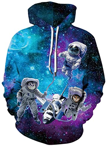 Ocean Plus Herren Bunter Hoodie Pulli mit Kapuzen Unisex Kapuzenpullover mit Digitaldruck und Kordelzug Langarm Sweatshirt mit Fronttaschen (L (Brustumfang: 117-137CM), Katzen Astronaut) von Ocean Plus