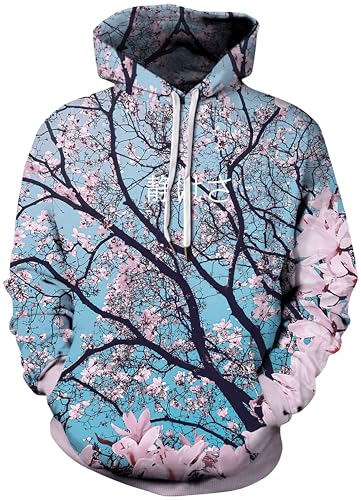 Ocean Plus Herren Bunter Hoodie Pulli mit Kapuzen Unisex Kapuzenpullover mit Digitaldruck und Kordelzug Langarm Sweatshirt mit Fronttaschen (L (Brustumfang: 117-137CM), Kirschblüte) von Ocean Plus