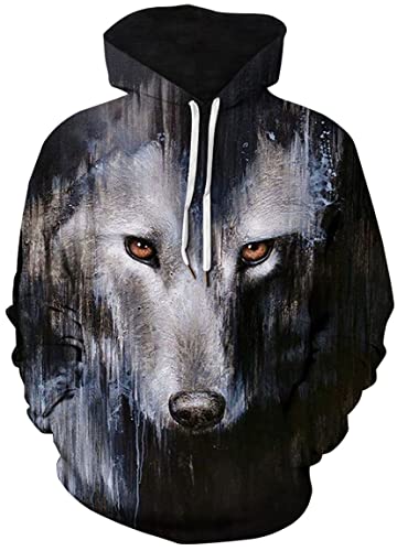 Ocean Plus Herren Bunter Hoodie Pulli mit Kapuzen Unisex Kapuzenpullover mit Digitaldruck und Kordelzug Langarm Sweatshirt mit Fronttaschen (M (Brustumfang: 112-132CM), Einsamer Wolf) von Ocean Plus