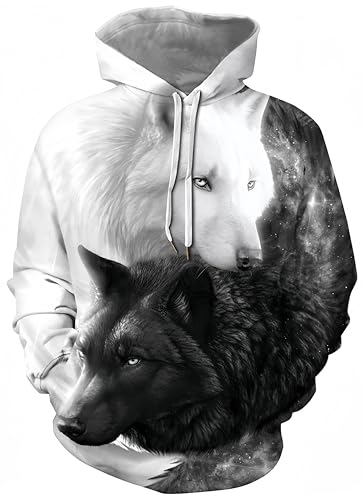 Ocean Plus Herren Bunter Hoodie Pulli mit Kapuzen Digitaldruck Langarm Sweatshirt mit Fronttaschen Kapuzenpullover mit Kordelzug (M (Brustumfang: 112-132CM), Schwarze und weiße Wölfe) von Ocean Plus