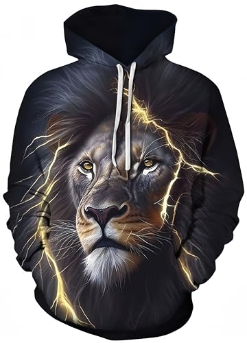 Ocean Plus Herren Bunter Hoodie Pulli mit Kapuzen Digitaldruck Langarm Sweatshirt mit Fronttaschen Kapuzenpullover mit Kordelzug (S (Brustumfang: 108-128CM), Blitzlöwe) von Ocean Plus