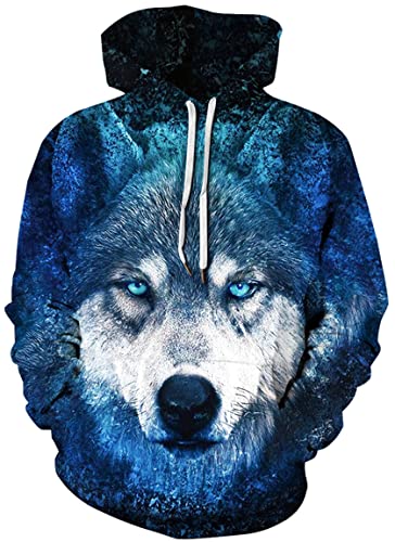 Ocean Plus Herren Bunter Hoodie Pulli mit Kapuzen Unisex Kapuzenpullover mit Digitaldruck und Kordelzug Langarm Sweatshirt mit Fronttaschen (XXL (Brustumfang: 127-147CM), Blauäugiger Wolf) von Ocean Plus