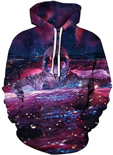 Ocean Plus Herren Bunter Hoodie Pulli mit Kapuzen Digitaldruck Langarm Sweatshirt mit Fronttaschen Kapuzenpullover mit Kordelzug (XXL (Brustumfang: 127-147CM), Lila Sternenhimmel Astronaut) von Ocean Plus