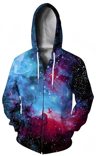 Ocean Plus Herren Digitaldruck Kapuzenpullover Reißverschluss Pullover Strickjacke Jacke mit Kapuze Langärmlige Reißverschlusspullover (3XL (Brustumfang: 132-152 cm), Blaue lila Galaxie) von Ocean Plus