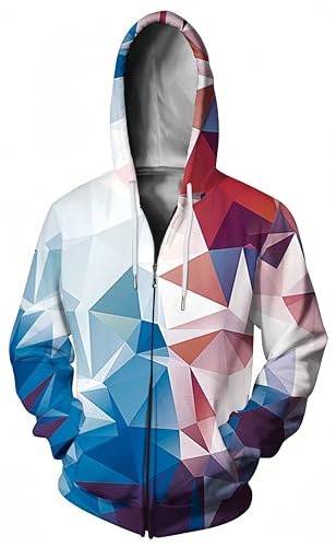 Ocean Plus Herren Digitaldruck Kapuzenpullover Reißverschluss Pullover Strickjacke Jacke mit Kapuze Langärmlige Reißverschlusspullover (L (Brustumfang: 117-137 cm), Rote und Blaue Geometrie) von Ocean Plus