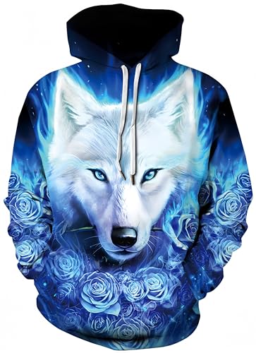 Ocean Plus Herren Digitaldruck Kapuzenpullover mit Langen Ärmeln Halloween Schädel Kapuzenpulli Lockere Unisex Hoodies Sweatshirts (3XL (Brust: 132-152CM), Blaue Rosen und weißer Wolf) von Ocean Plus