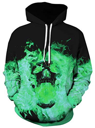 Ocean Plus Herren Digitaldruck Kapuzenpullover mit Langen Ärmeln Halloween Schädel Kapuzenpulli Lockere Unisex Hoodies Sweatshirts (3XL (Brust: 132-152CM), Grüner Feuerschädel) von Ocean Plus