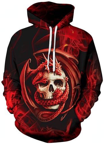 Ocean Plus Herren Digitaldruck Kapuzenpullover mit Langen Ärmeln Halloween Schädel Kapuzenpulli Lockere Unisex Hoodies Sweatshirts (M (Brust: 112-132CM), Drache und Schädel) von Ocean Plus
