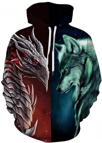 Ocean Plus Herren Digitaldruck Kapuzenpullover mit Langen Ärmeln Halloween Schädel Kapuzenpulli Lockere Unisex Hoodies Sweatshirts (S (Brust: 108-128CM), Drache und Wolf) von Ocean Plus
