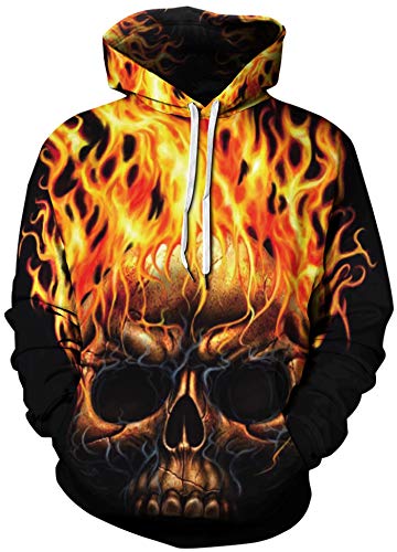 Ocean Plus Herren Digitaldruck Kapuzenpullover mit Langen Ärmeln Halloween Schädel Kapuzenpulli Lockere Unisex Hoodies Sweatshirts (S (Brust: 108-128CM), Flammen Schädel) von Ocean Plus
